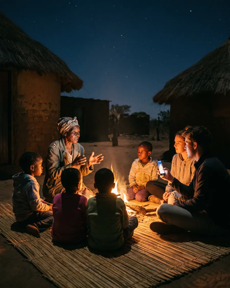 At night by a small fire, a grandmother tells a story to children while one of them films on her phone